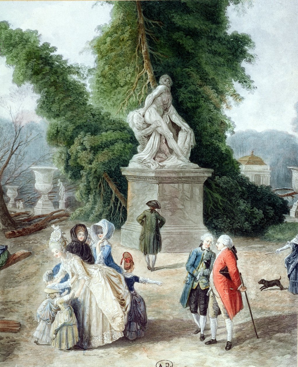 Ludvig XVI (1754-1793) och Marie-Antoinette (1755-1793) vid ingången till Tapis Vert i trädgårdarna i Versailles, 1775 (färgstick) (detalj) av Hubert Robert