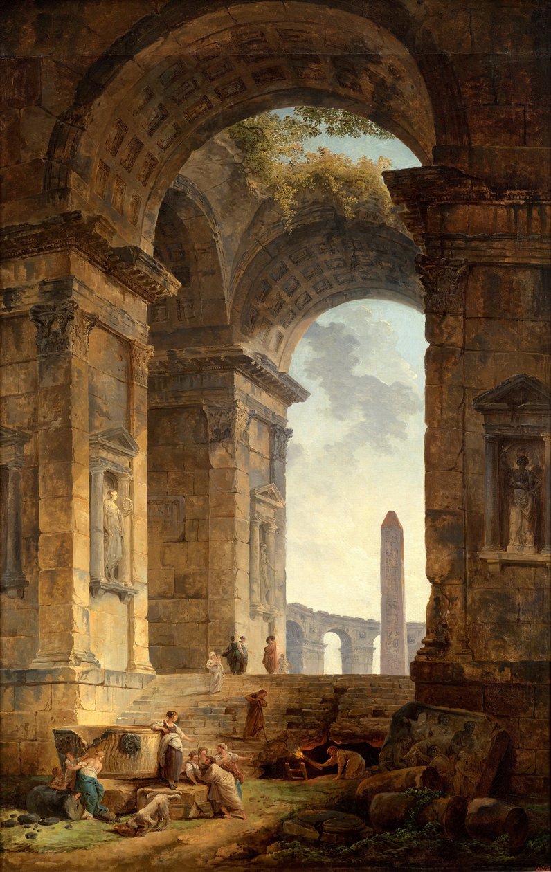 Ruiner med en obelisk på avstånd av Hubert Robert