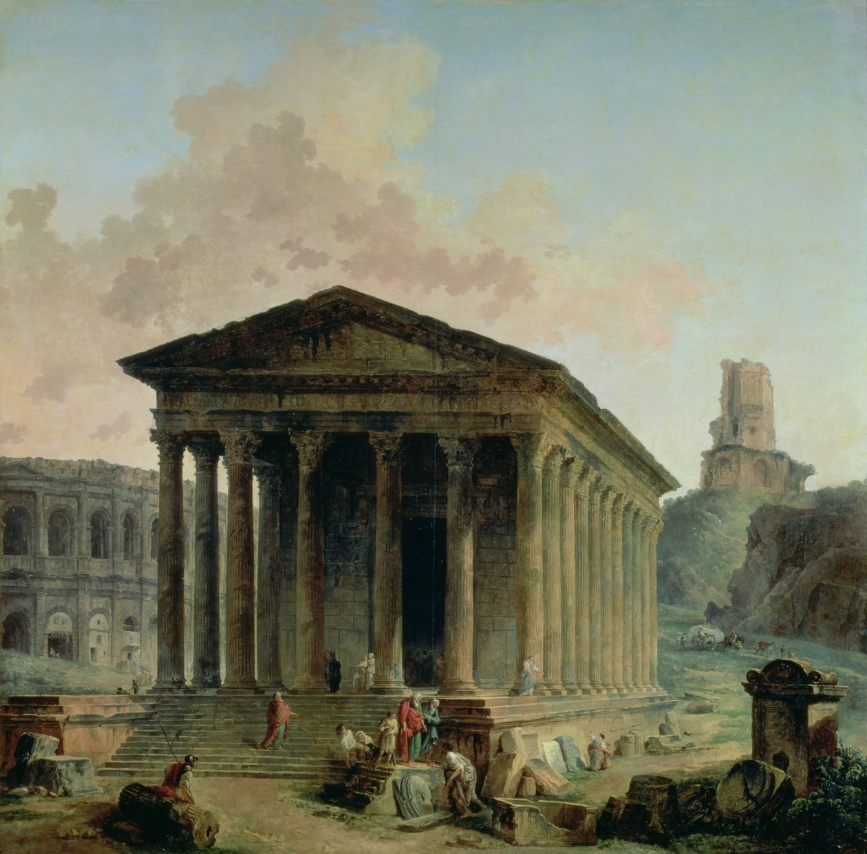 Maison Carree med amfiteatern och Tour Magne i Nimes, 1786-87 av Hubert Robert