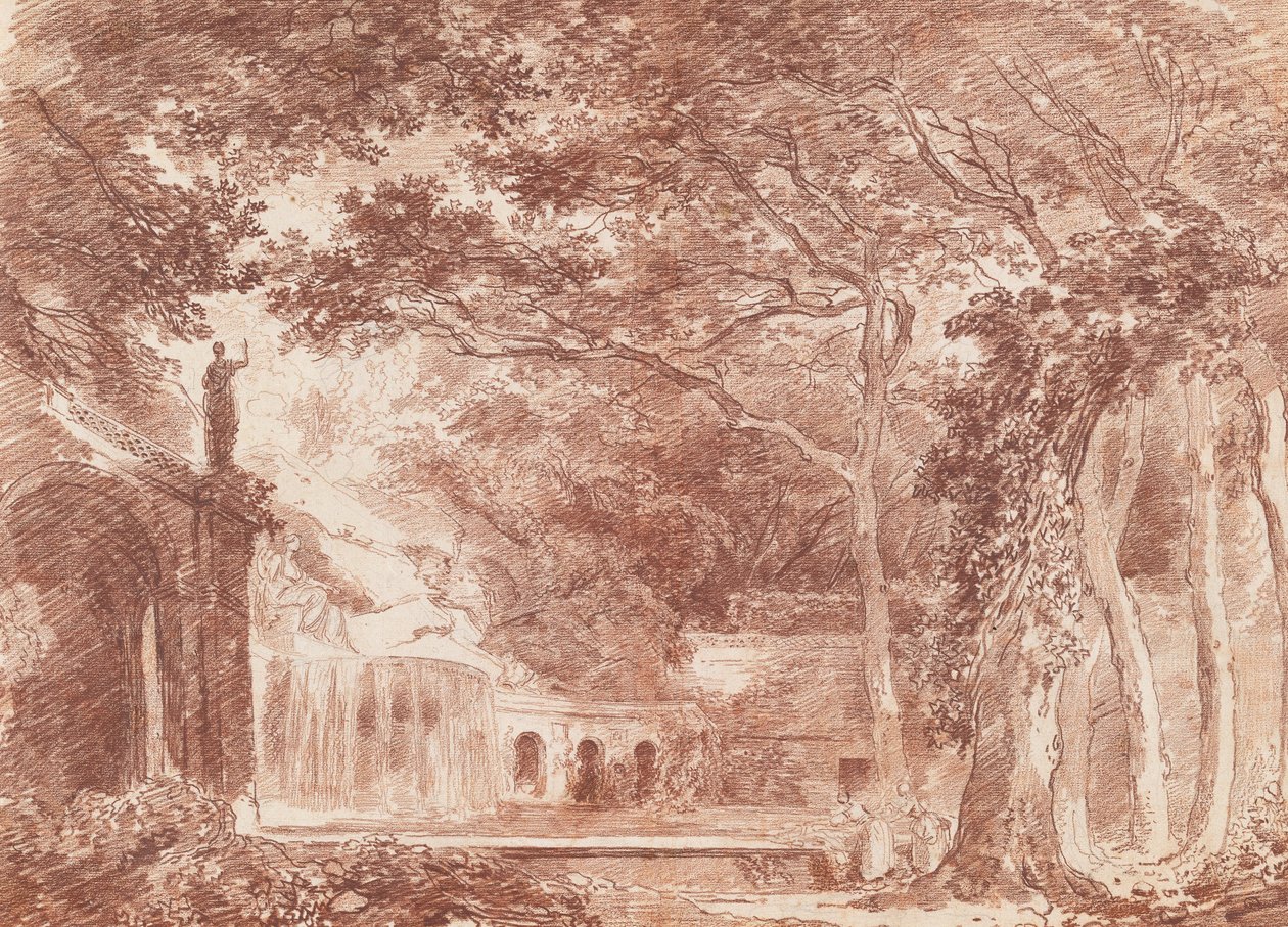 Den ovala fontänen i trädgårdarna i Villa dEste, Tivoli av Hubert Robert