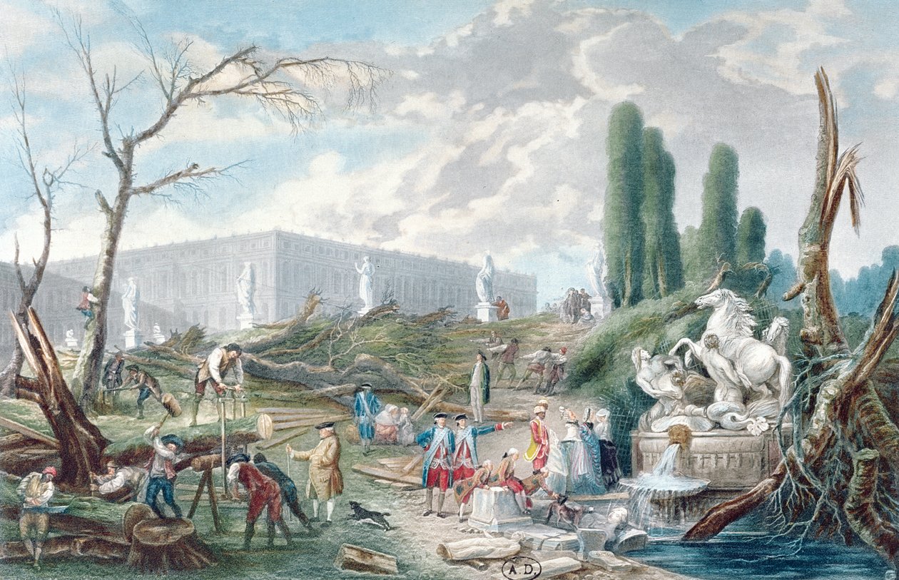 Trädfällning i Versailles trädgård runt Apollons bad av Hubert Robert