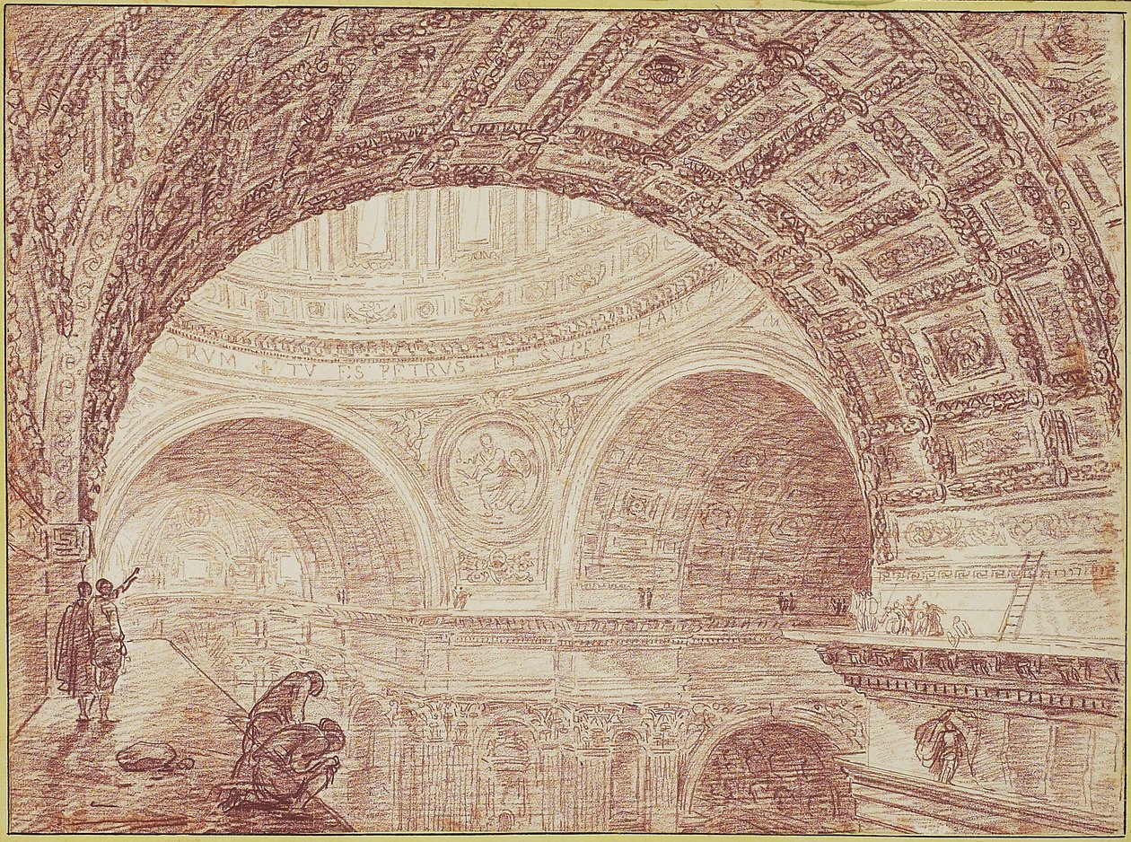 Vy över St. Peters valv tagen från en övre gesims, ca 1763 (röd krita på papper) av Hubert Robert