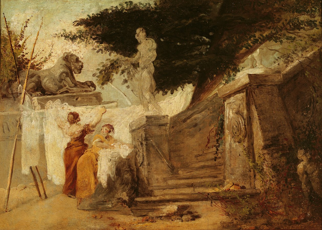 Tvättskvinnor i en trädgård, ca 1756-61 av Hubert Robert