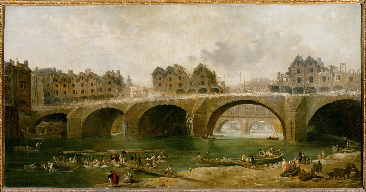 Rivning av husen på Notre-Dame-bron i ... av Hubert (circle of) Robert