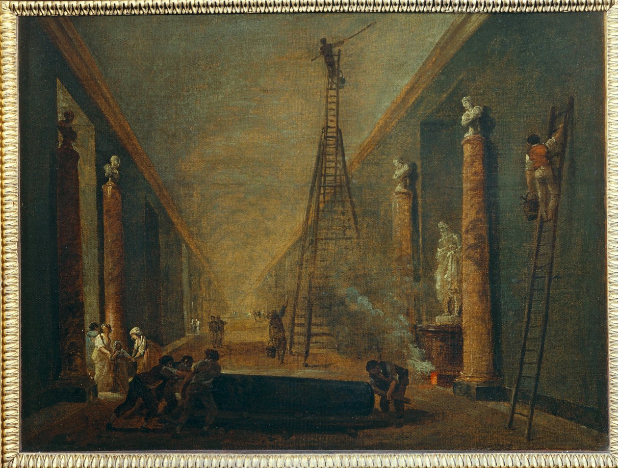 La Grande Galerie en cours de restauration - Stora galleriet under restaurering ... av Hubert (circle of) Robert