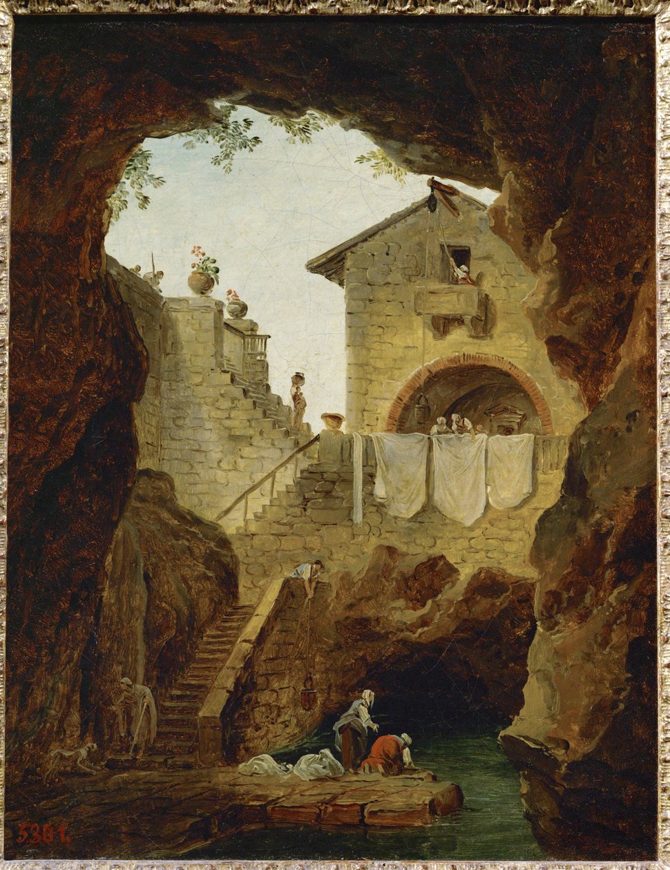 Lavandieres. La fontaine sous la grotte. Tvätterskor. Fontänen i grottan ... av Hubert (circle of) Robert