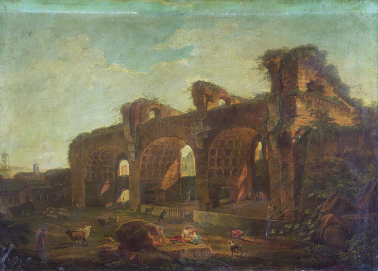 Maxentiusbasilikan i Forum Romanum med bönder och boskap i förgrunden (olja på duk) av Hubert (circle of) Robert