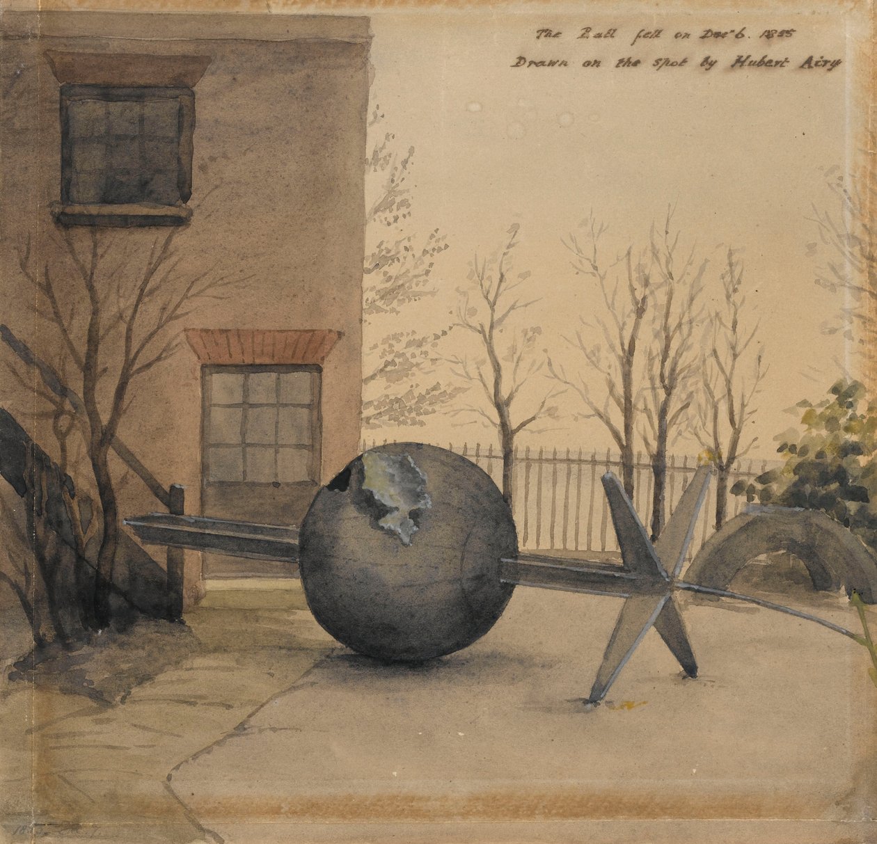 Nedfallen tidskula på gården till Royal Observatory, Greenwich, december 1855 (akvarell) av Hubert Airy