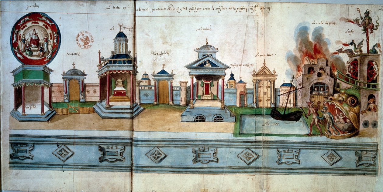 Frontispice som illustrerar Jesu Kristi passion och uppståndelse. Från vänster till höger: Paradiset (med ett tomt rum), Nasaretsporten, templet, Jerusalemporten, palatset (med gåtornas hus), Doreeporten, fädernas limbo och av Hubert Cailleau