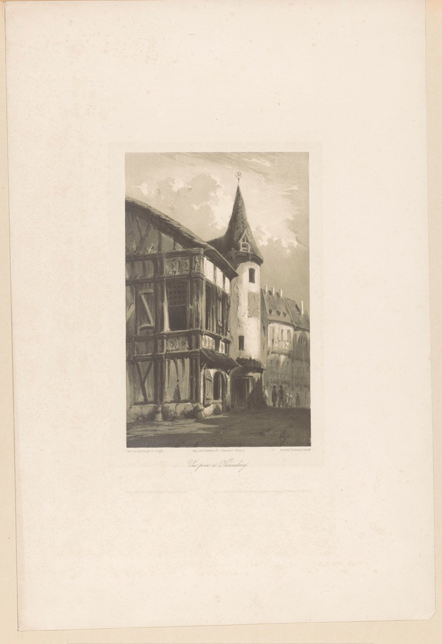 Utsikt över ett hus med ett torn i Nürnberg Vue-pris i Nürnberg (titel på objekt) Fragment av landskap (serietitel) Fragments de paysages (serietitel) av Hubert Clerget