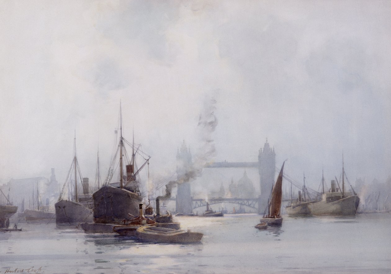 Tower Bridge från Lower Pool, ca 1925 (akvarell på papper) av Hubert Coop
