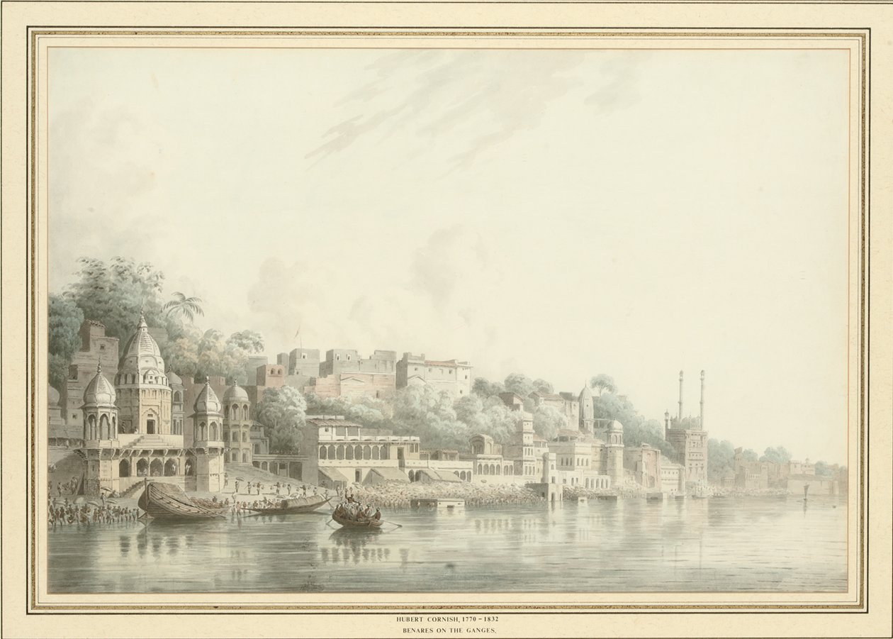 Benares vid floden Ganges (penna, penna och bläck och w/c på papper) av Hubert Cornish