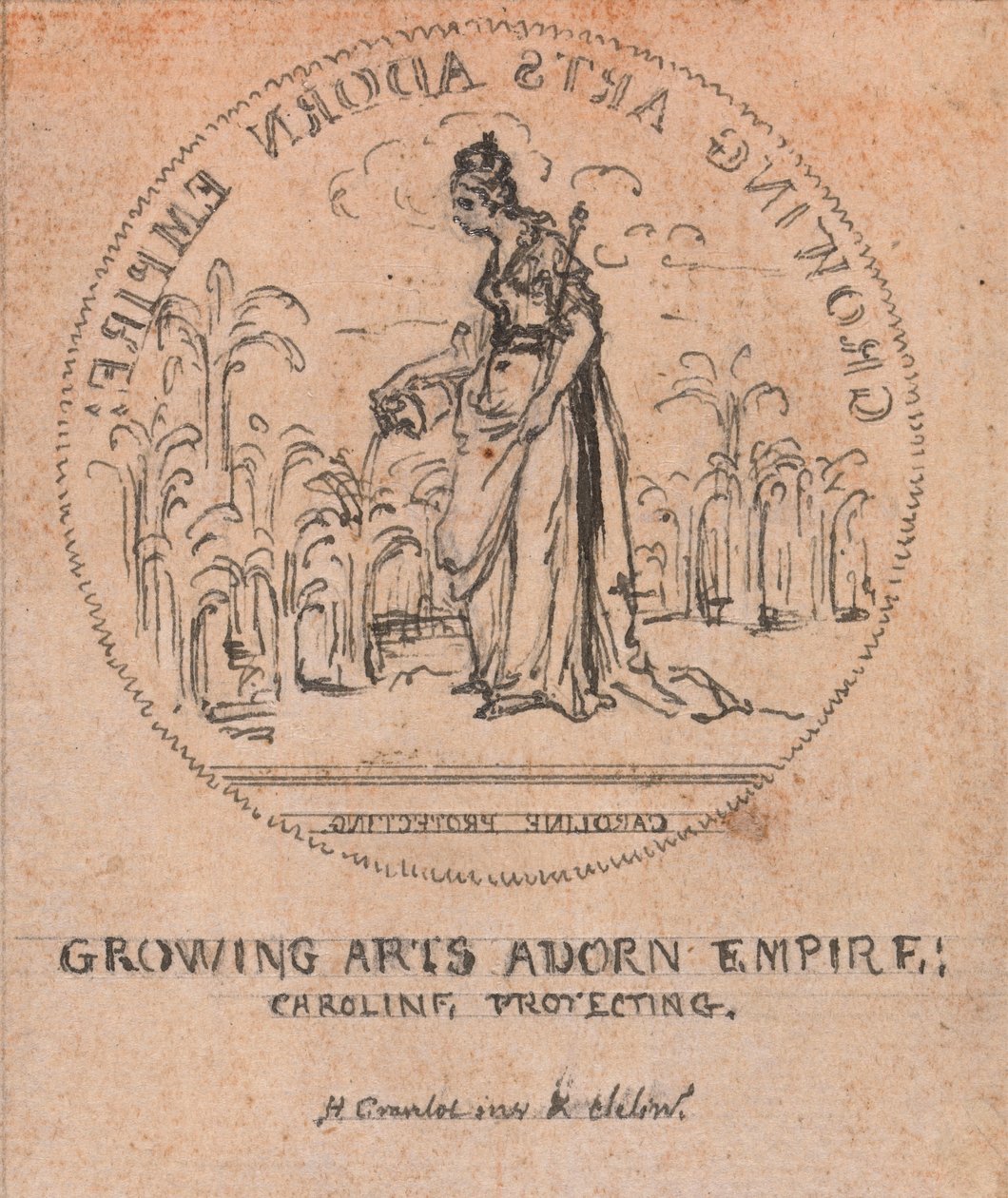 Design för en medalj: Growing Arts Adorn Empire, Caroline Protecting av Hubert Francois Gravelot