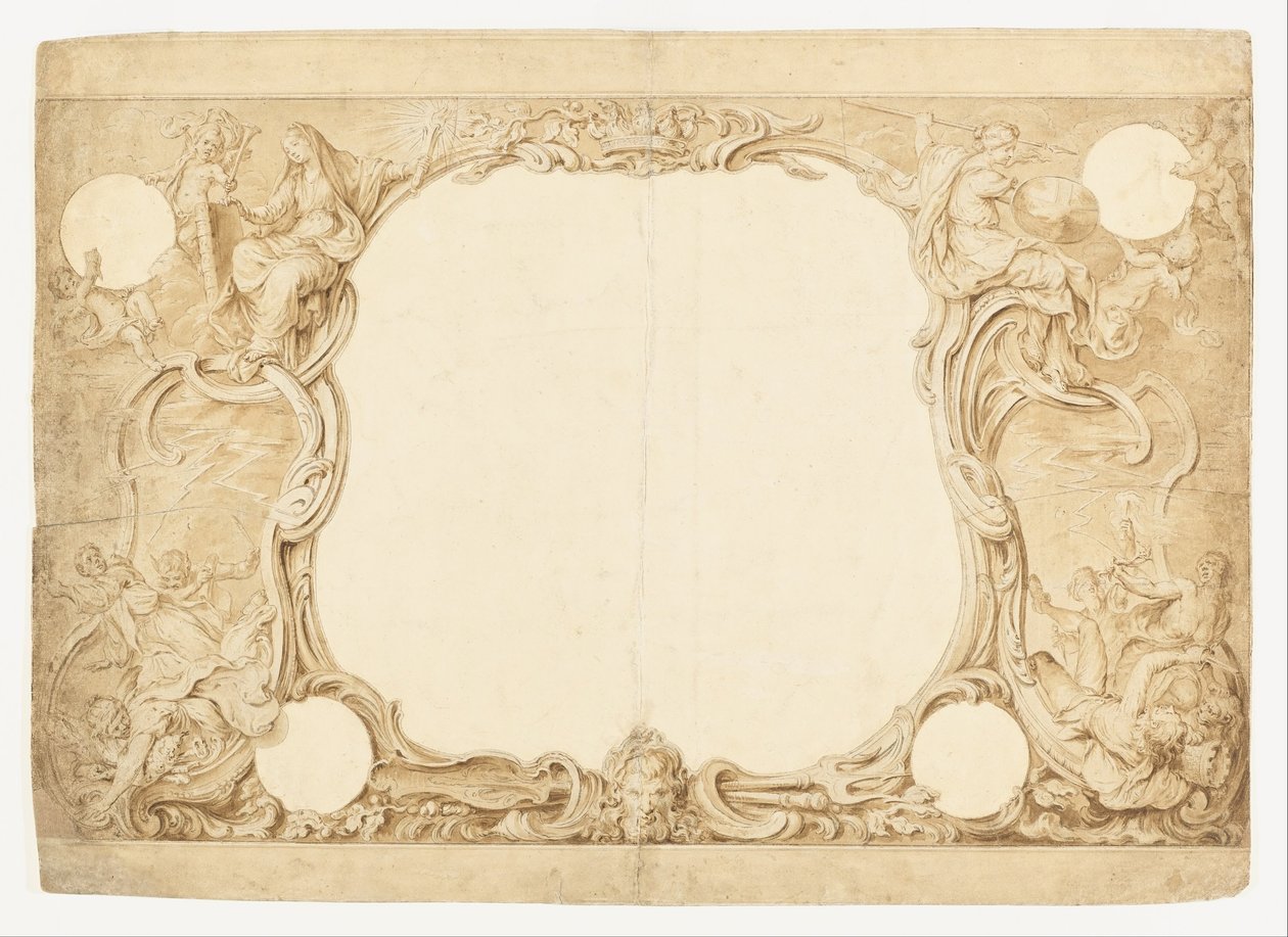Design för en prydnadsbård, använd för surround till det allmänna diagrammet i John Pines gobeläng av Hubert Francois Gravelot