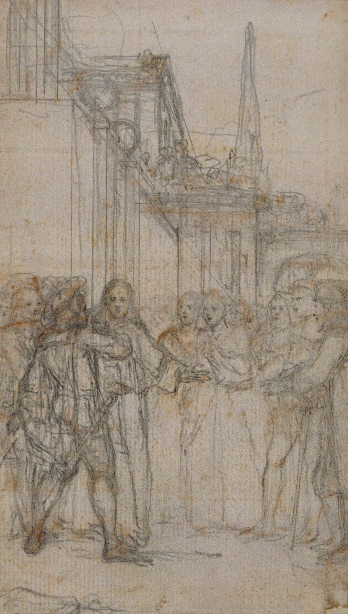 Litterär illustration: Man med svärd konfronterar en grupp figurer innan man bygger av Hubert Francois Gravelot