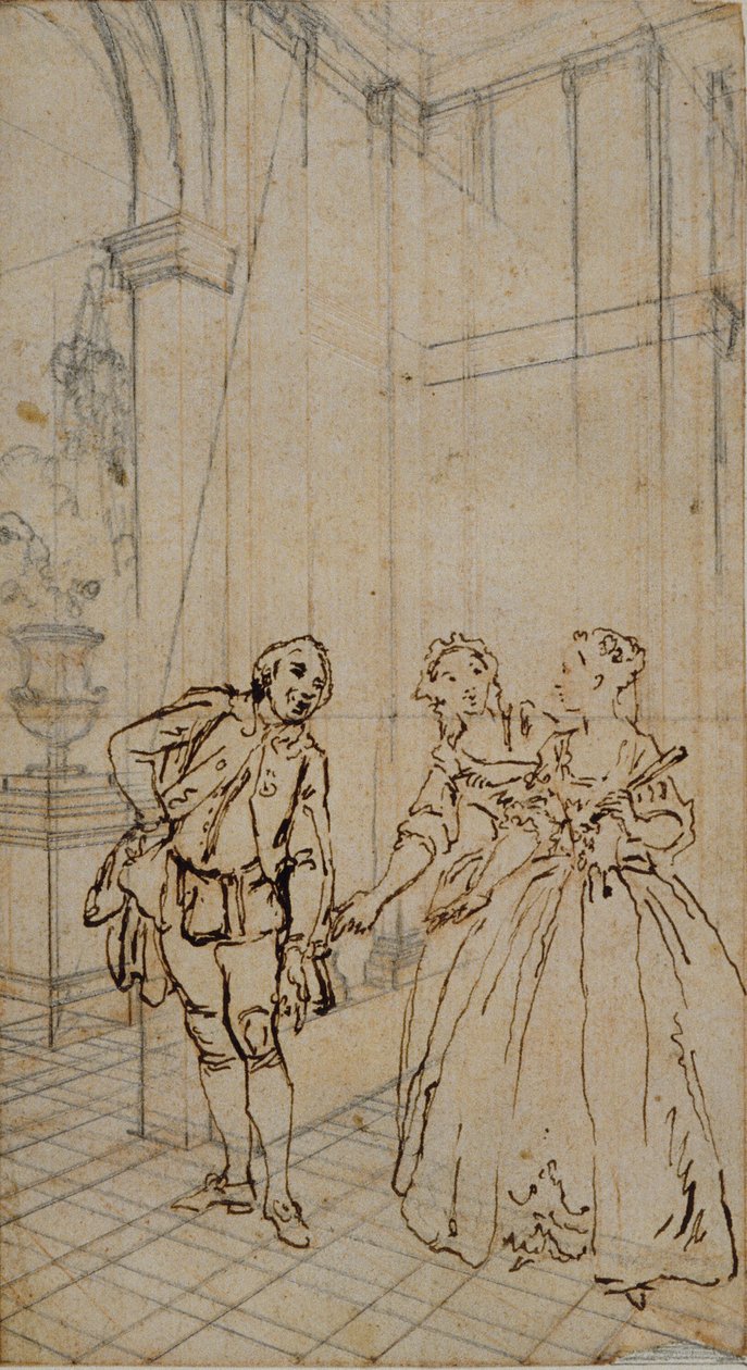 Litterär illustration med gentleman och två damer i interiören av Hubert Francois Gravelot