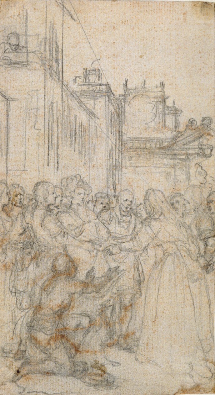 Litterär illustration med en grupp figurer som vädjar till människan av Hubert Francois Gravelot