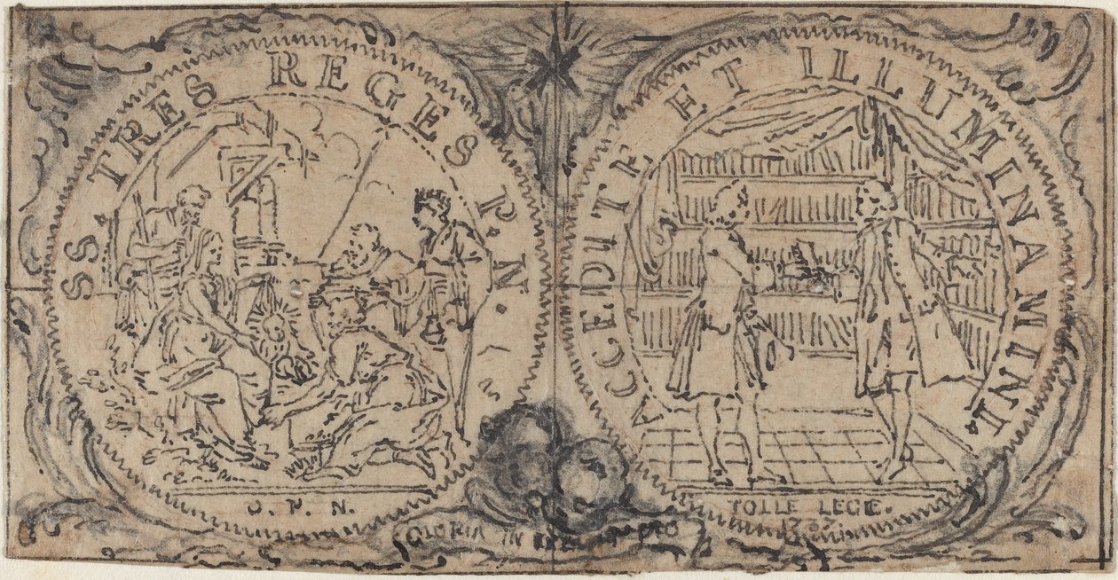 Prydnadsmedaljonger med tillbedjan av männen och två bibliofiler av Hubert Francois Gravelot