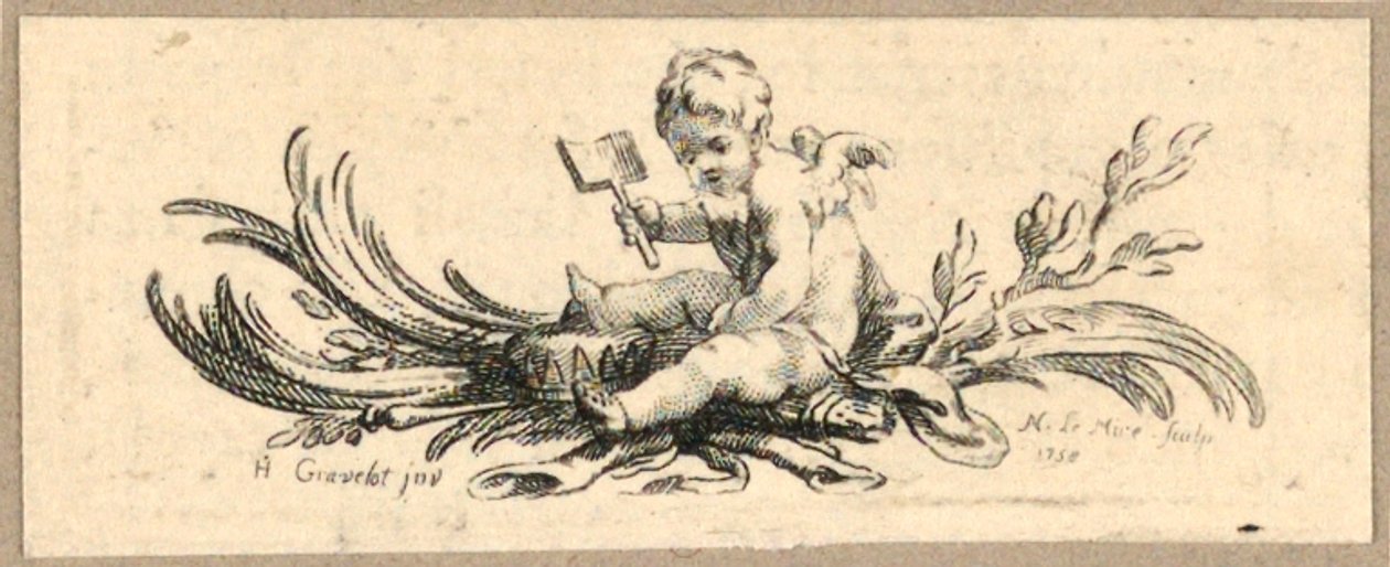 Print, Bakstycke, Putto med spade av Hubert Francois Gravelot
