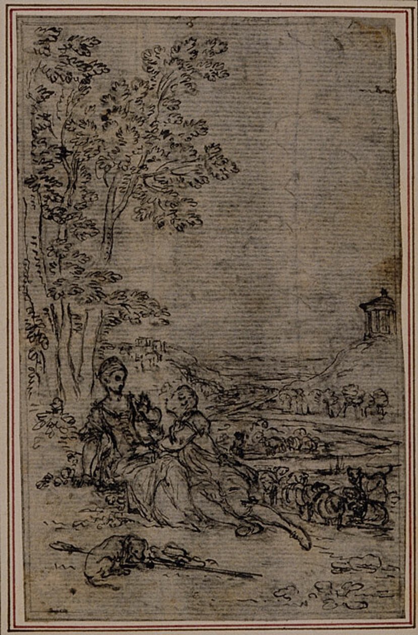 Studie till vinjett i Fontanelles (attr.) "Les Amours de Mirtil", Canto I av Hubert Francois Gravelot