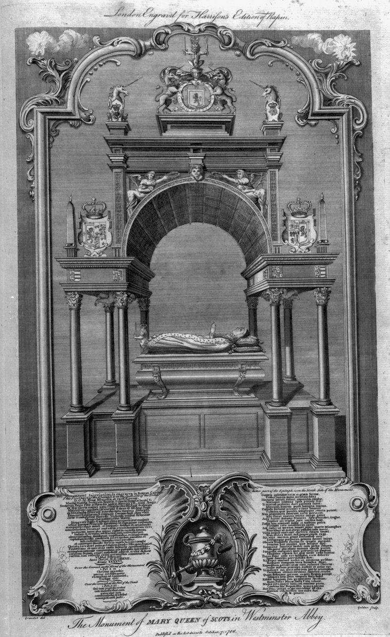 Monumentet av Mary Queen of Scots i Westminster Abbey, illustration från Rapins 