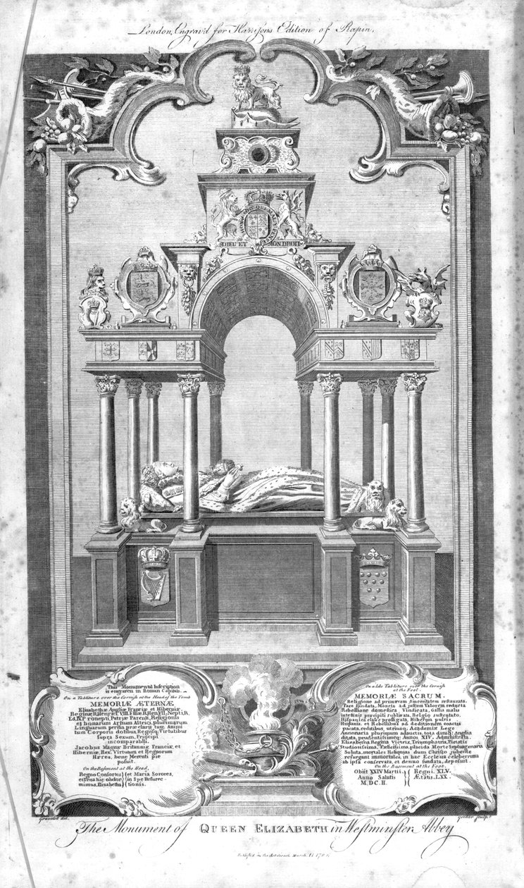 Drottning Elizabeths monument i Westminster Abbey, illustration från Rapins 