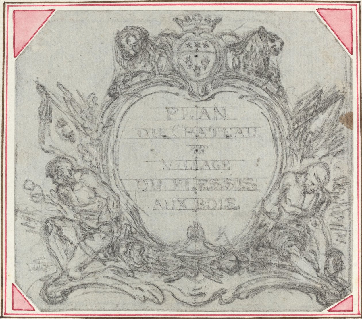 Titel Cartouche för en karta över slottet och byn Le Plessis aux Bois av Hubert Francois Gravelot