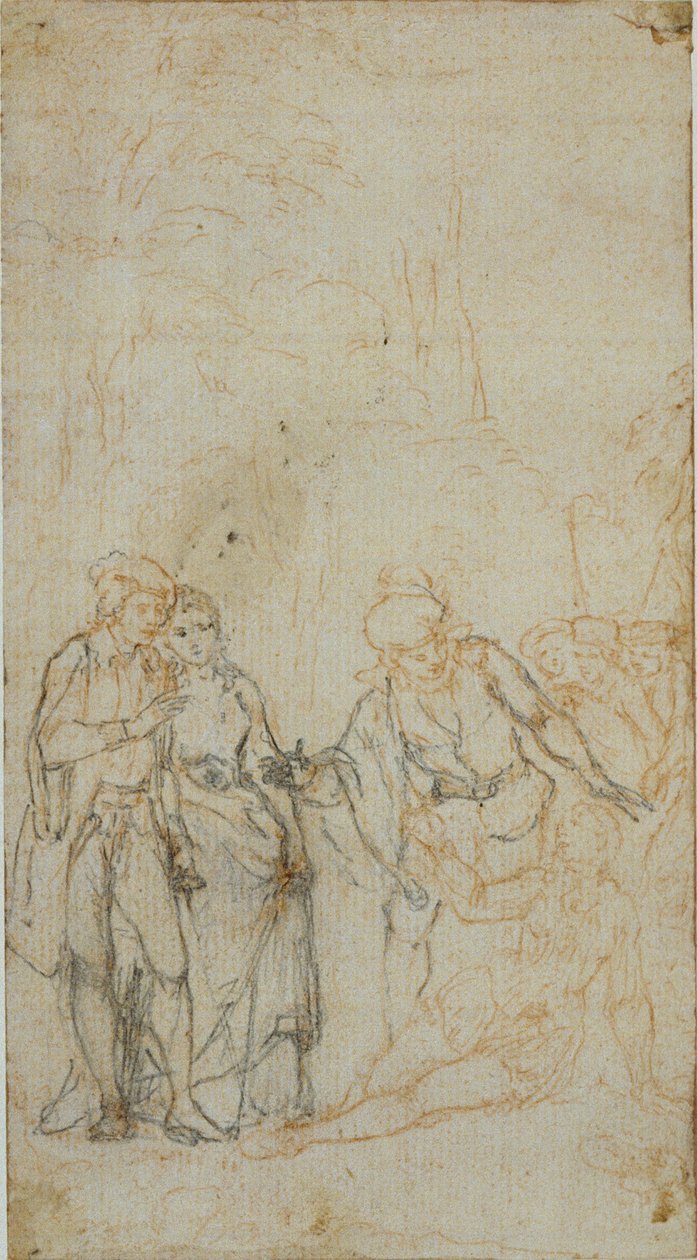 Oidentifierad litterär illustration med en grupp figurer som omger liggande figur i landskapet av Hubert Francois Gravelot