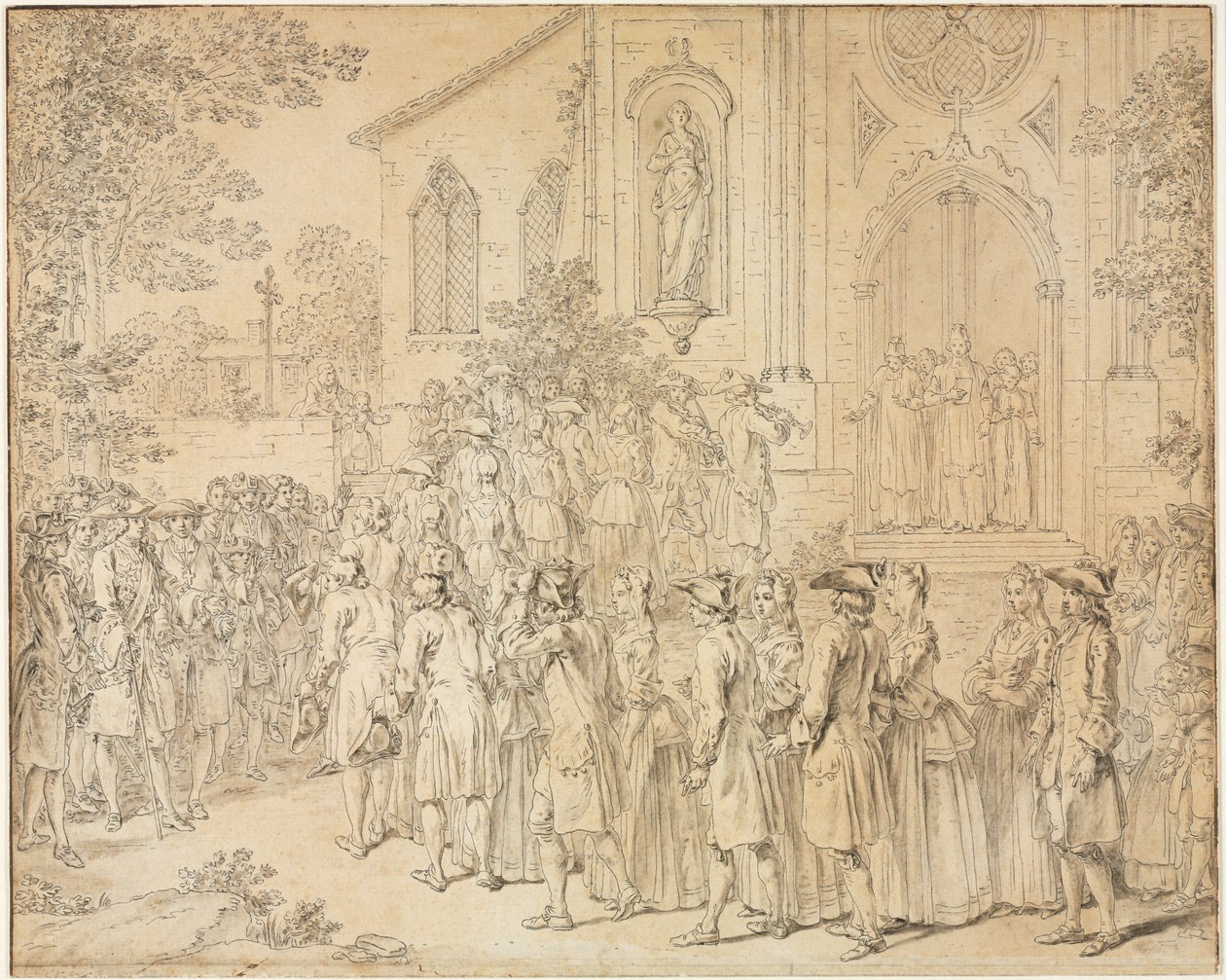 En procession som går in i en kyrka, 1700-talet. av Hubert François Bourguignon Gravelot