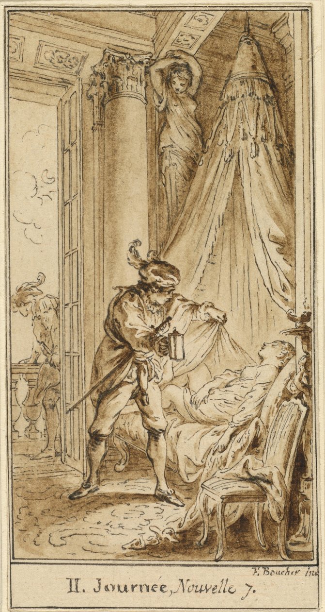 Andra dagen, sjunde berättelsen: Hertigen av Aten överväger den sovande prinsessan Alatiel av Hubert François Gravelot after François Boucher