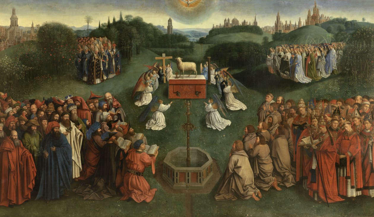 Kopia av The Adoration of the Mystic Lamb, från Gents altartavla, nedre halvan av centralpanelen (olja på panel) av Hubert & Jan van (1390 1441) (after) Eyck