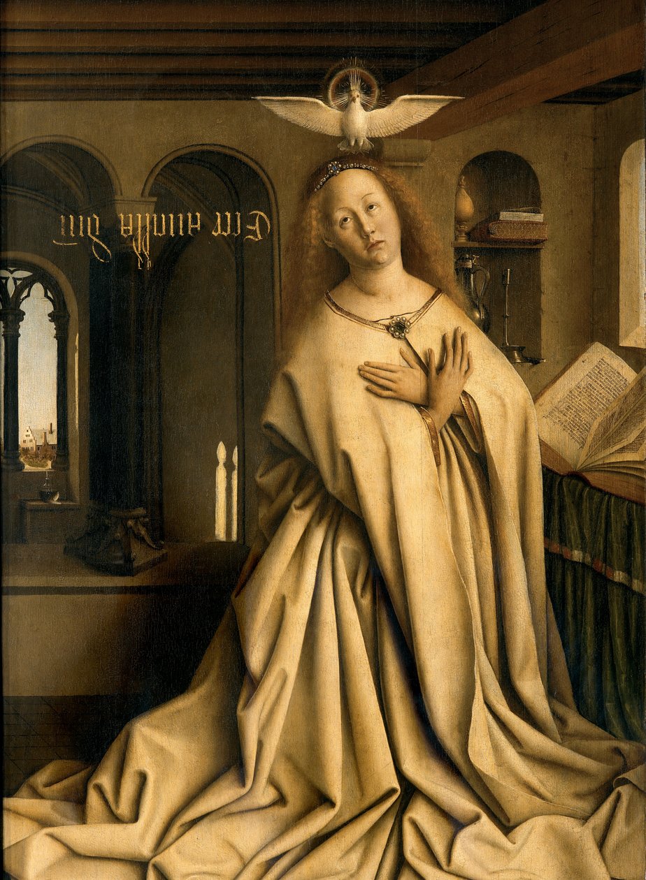 Detalj av Virgin Annunciate, från utsidan av den högra panelen på Gents altartavla av Hubert & Jan van (1390 1441) Eyck