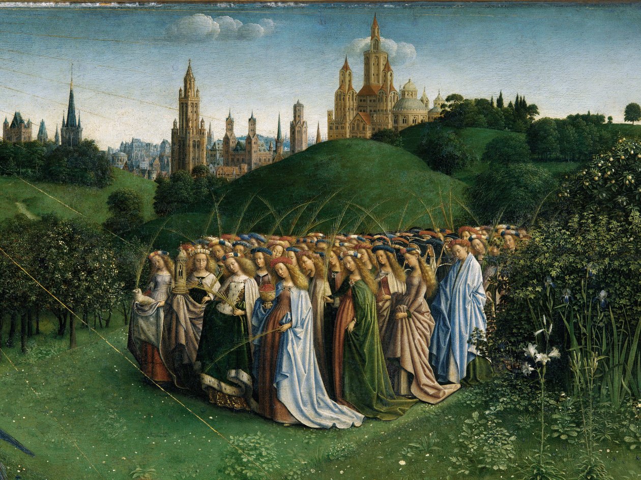 Tillbedjan av det mystiska lammet, från Gents altartavla, detalj på nedre halvan av centralpanelen av Hubert & Jan van (1390 1441) Eyck
