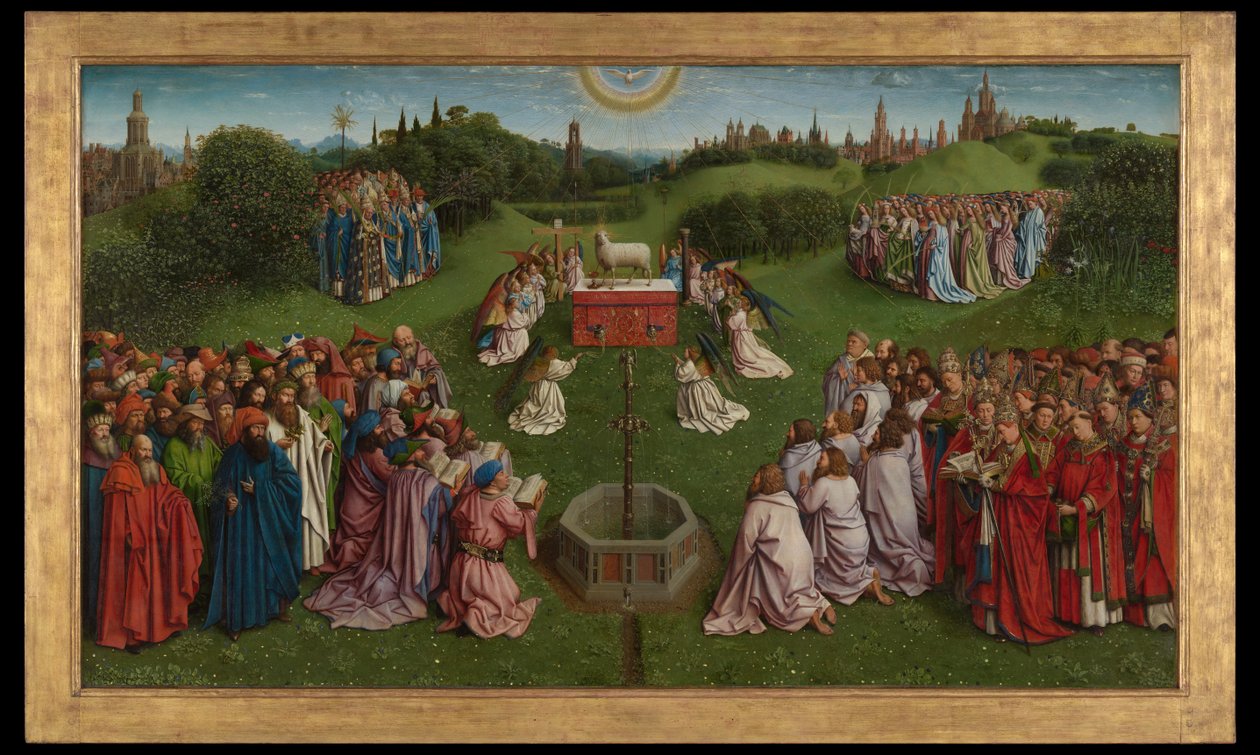 Tillbedjan av det mystiska lammet, från Gents altartavla, nedre halvan av centralpanelen av Hubert & Jan van (1390 1441) Eyck