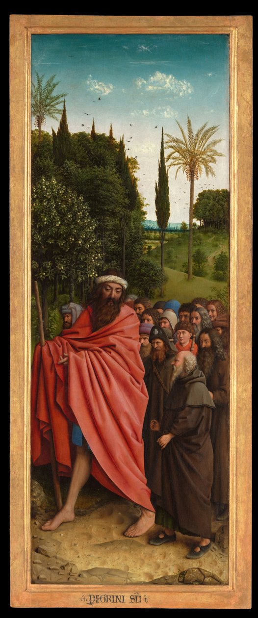 Pilgrimerna guidad av St. Christopher, från högra sidan av Gents altartavla av Hubert & Jan van (1390 1441) Eyck