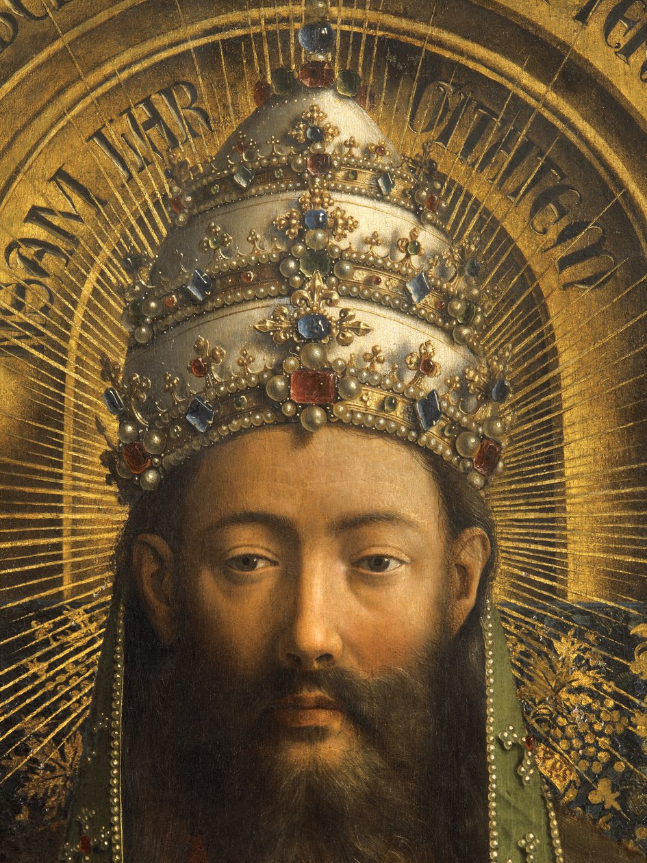 Detalj av Gud Fadern, mittpanelen i Gents altartavla (olja på panel) av Hubert & Jan van (1390-1441) Eyck