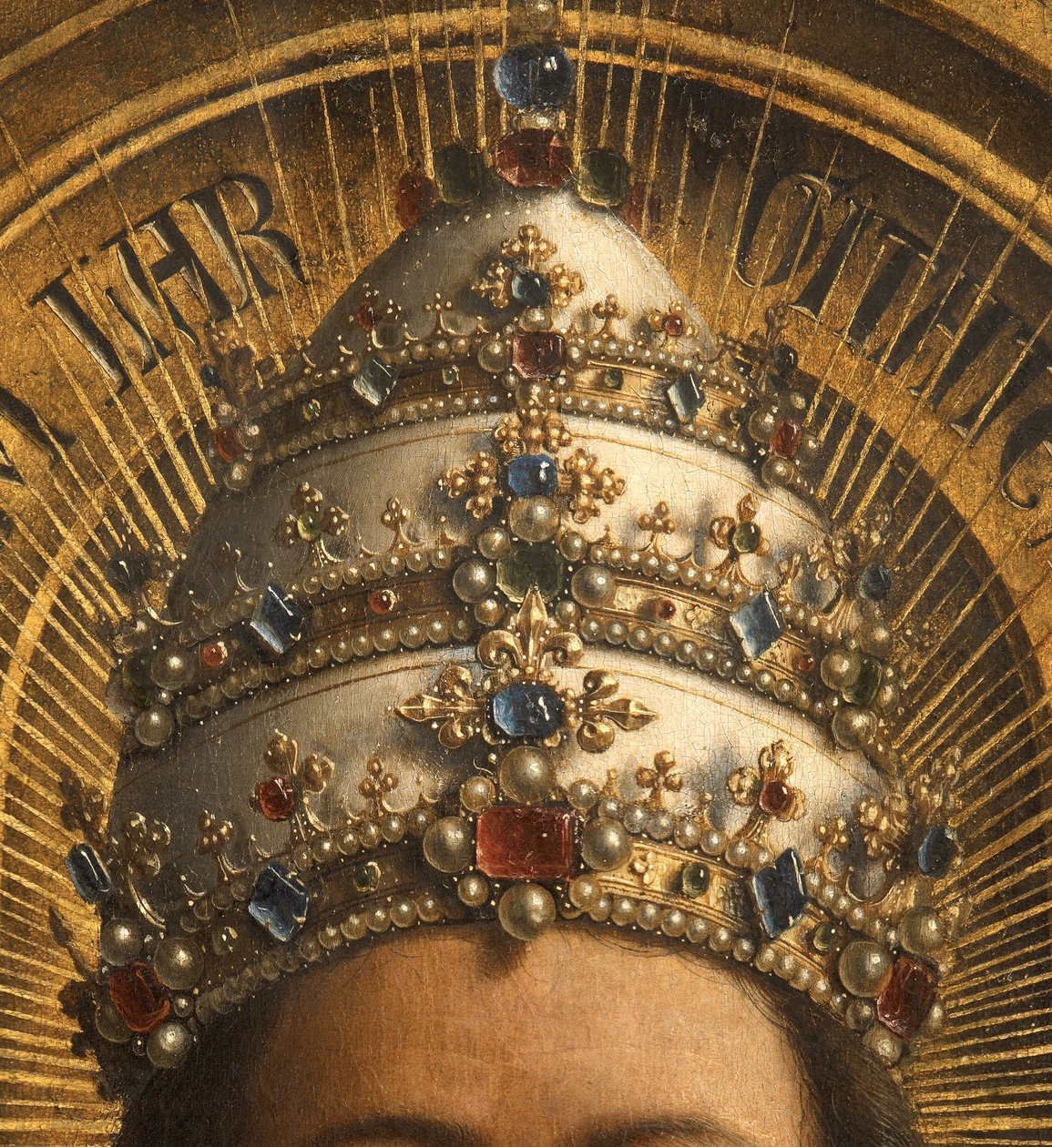 Detalj av Gud Fadern, mittpanelen i Gents altartavla (olja på panel) av Hubert & Jan van (1390-1441) Eyck