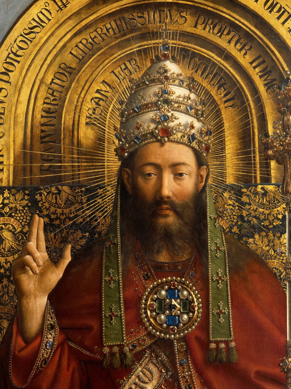 Detalj av Gud Fadern, centralpanelen i Gents altartavla av Hubert & Jan van (1390 1441) Eyck