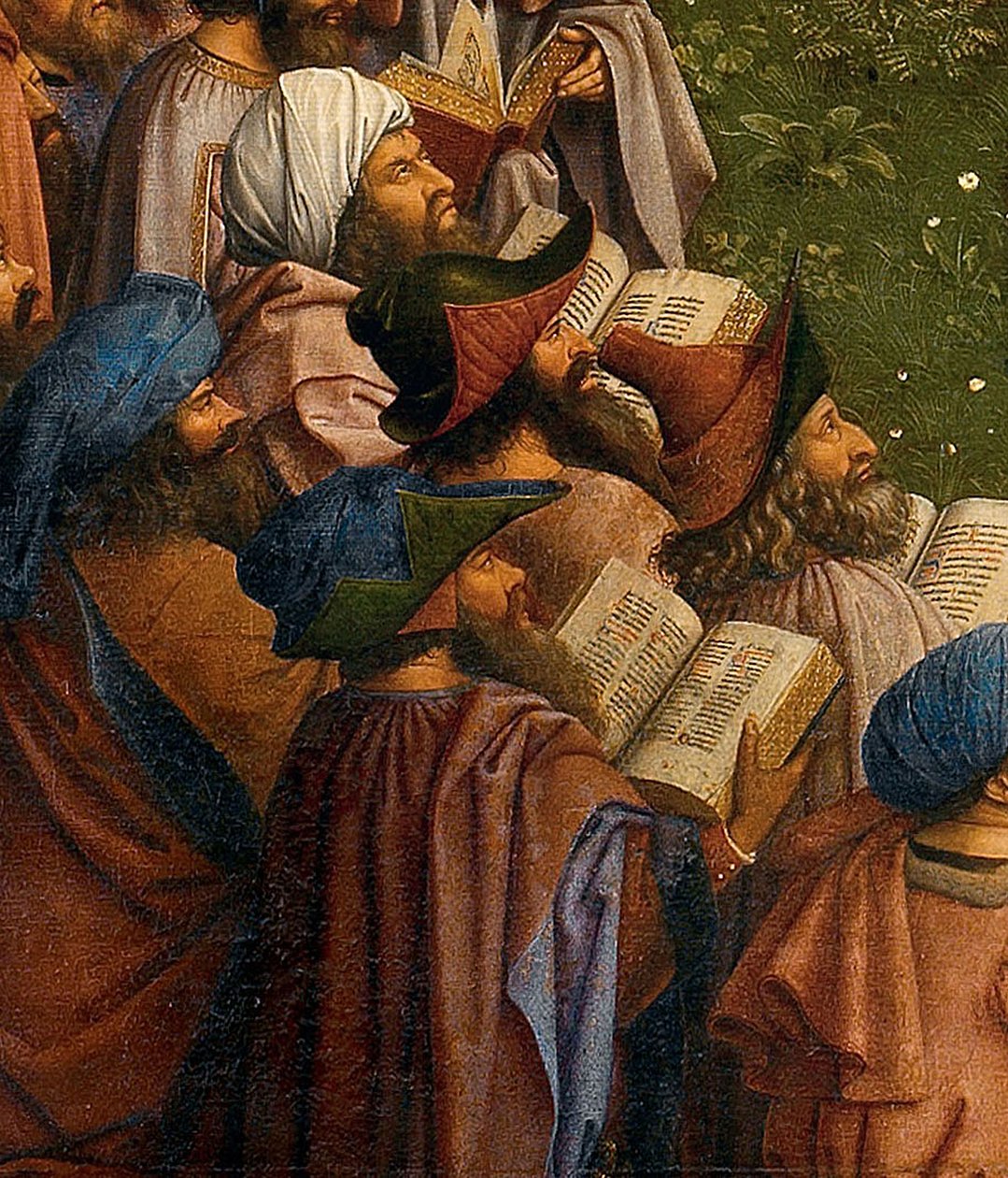 Detalj av Tillbedjan av det mystiska lammet, från Gents altartavla, nedre halvan av centralpanelen av Hubert & Jan van (1390 1441) Eyck