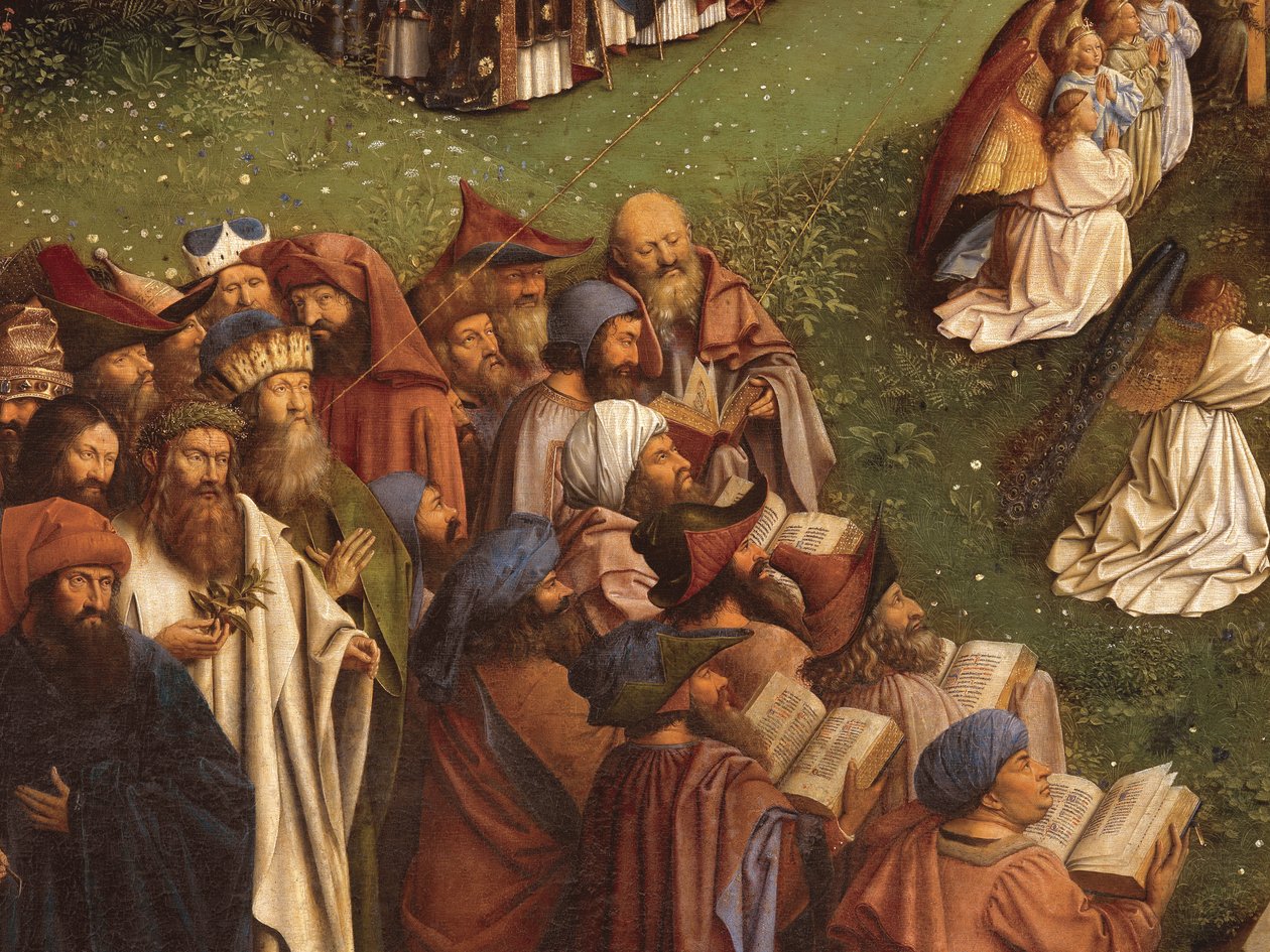Detalj av tillbedjan av det mystiska lammet, från mittpanelen på Gents altartavla (olja på panel) av Hubert & Jan van (1390 1441) Eyck