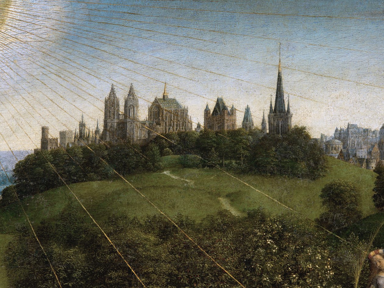 Detalj av tillbedjan av det mystiska lammet, från mittpanelen på Gents altartavla (olja på panel) av Hubert & Jan van (1390 1441) Eyck
