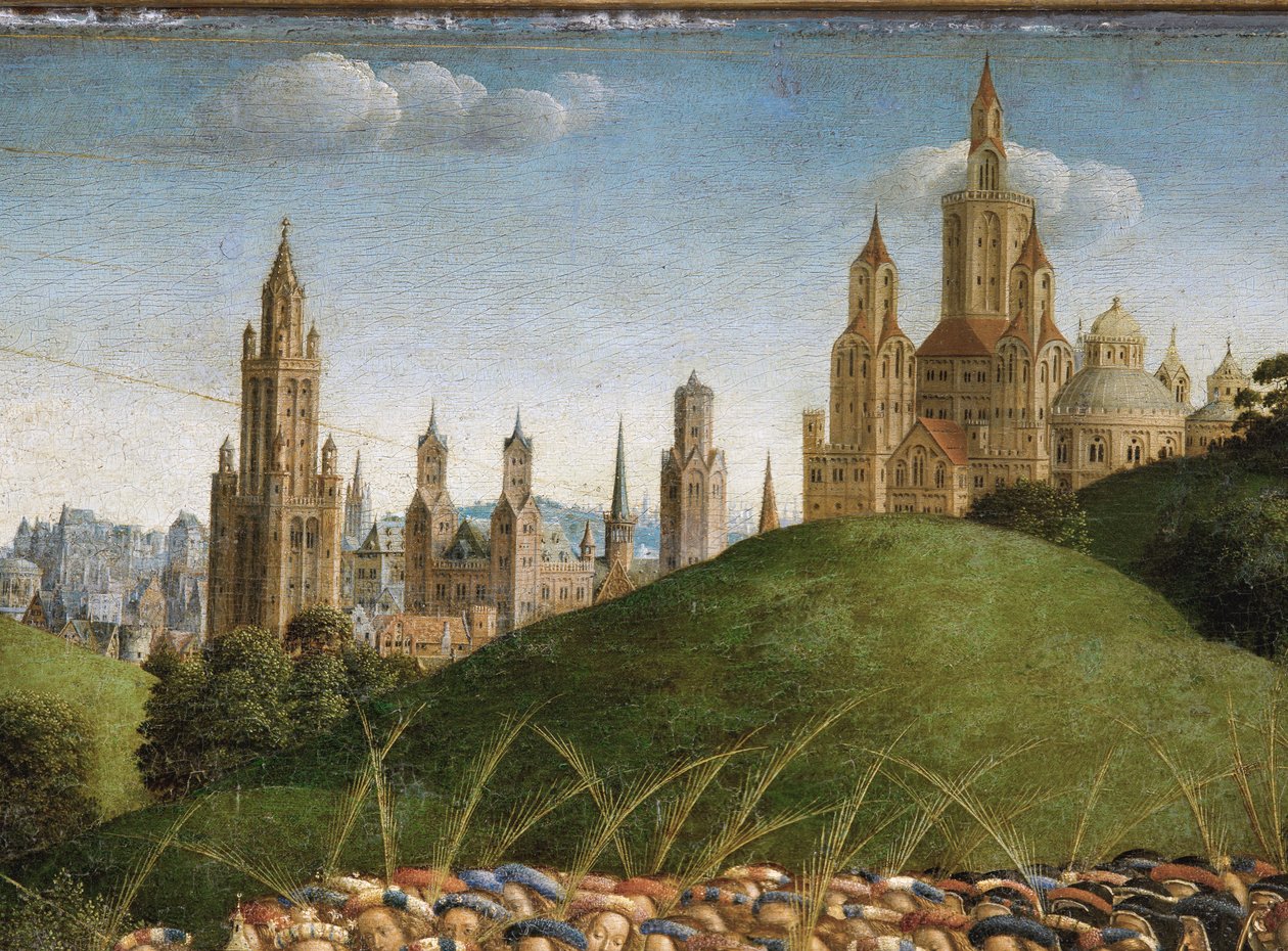 Detalj av tillbedjan av det mystiska lammet, från mittpanelen på Gents altartavla (olja på panel) av Hubert & Jan van (1390 1441) Eyck