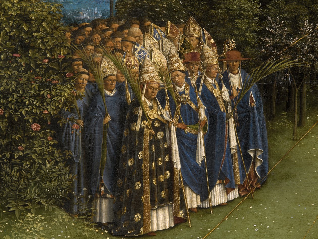 Detalj av tillbedjan av det mystiska lammet, från mittpanelen på Gents altartavla (olja på panel) av Hubert & Jan van (1390 1441) Eyck
