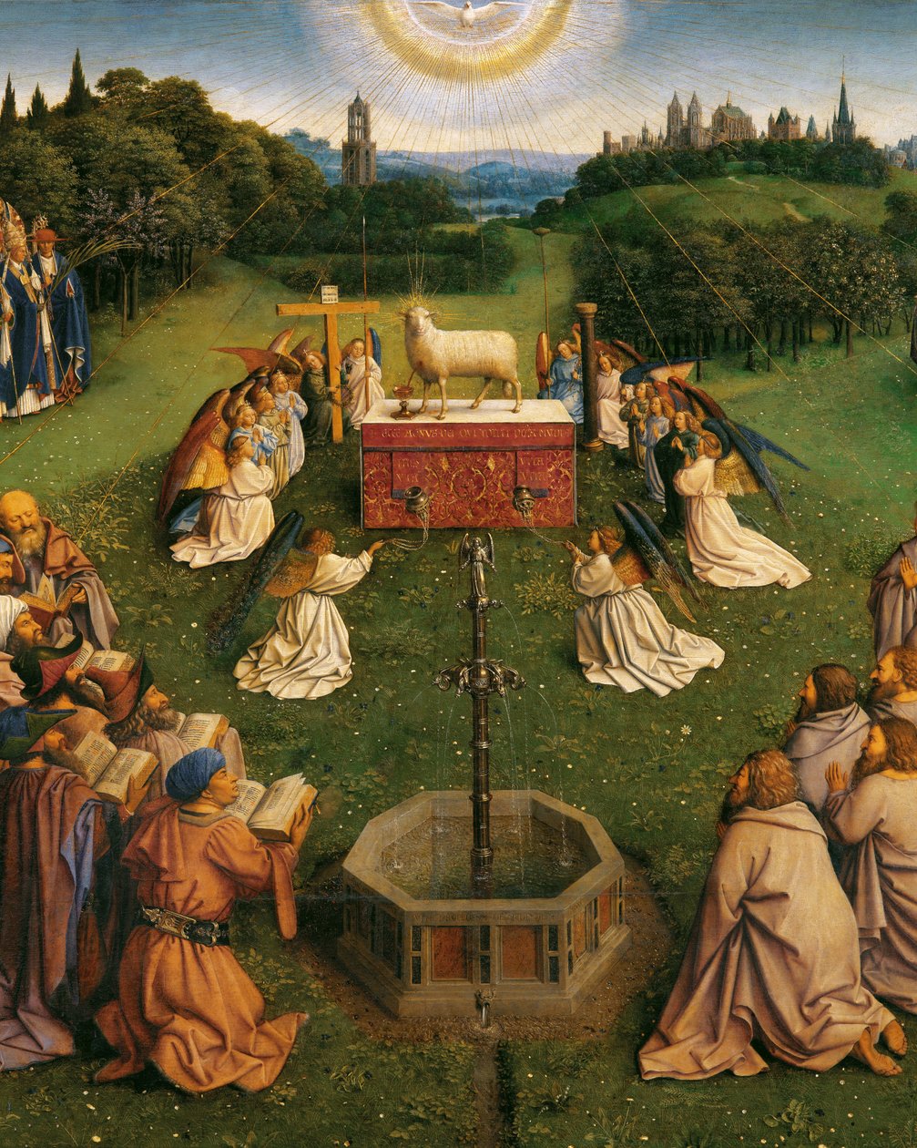 Tillbedjan av det mystiska lammet, från Gents altartavla, detalj på nedre halvan av centralpanelen av Hubert & Jan van (1390 1441) Eyck