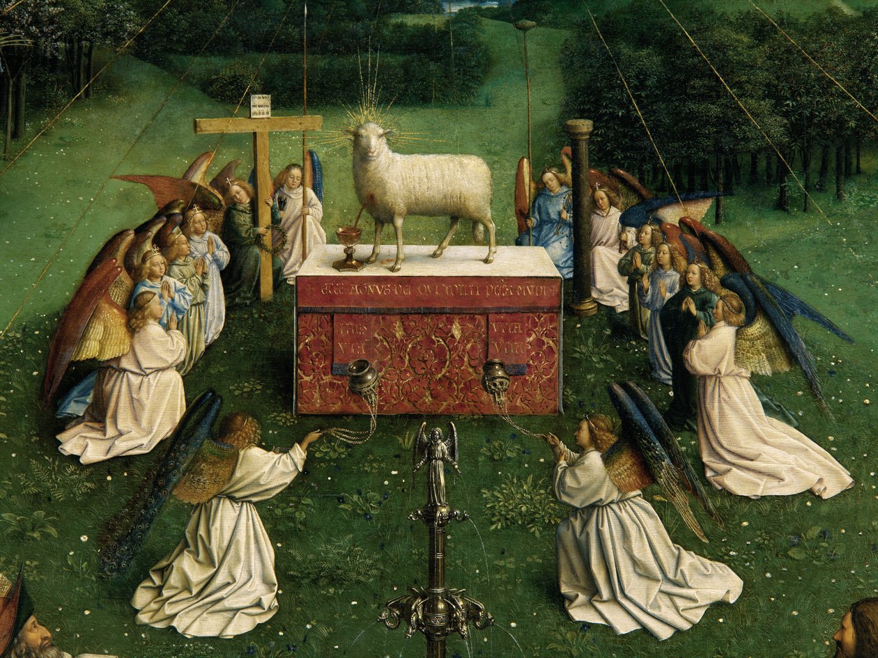 Tillbedjan av det mystiska lammet, från Gents altartavla, detalj på nedre halvan av centralpanelen av Hubert & Jan van (1390 1441) Eyck