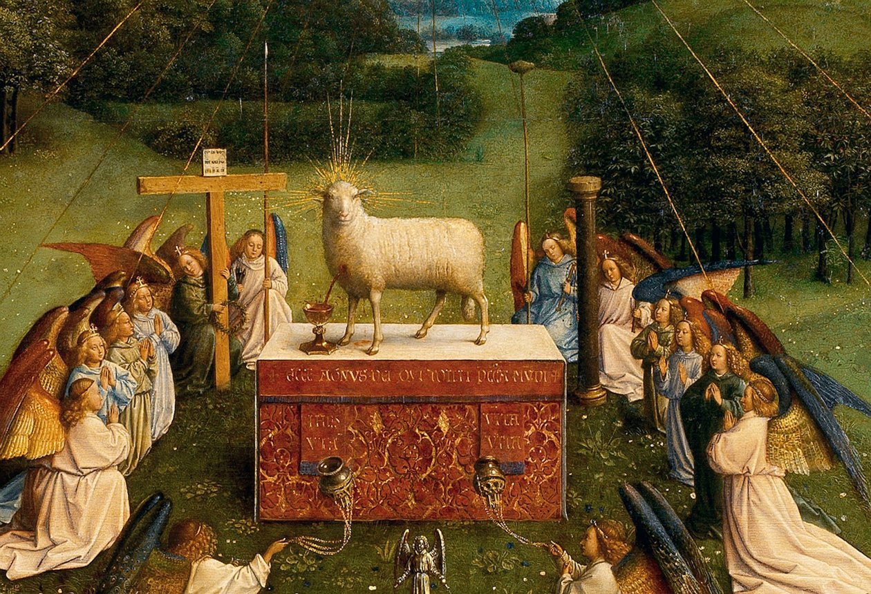 Tillbedjan av det mystiska lammet, från Gents altartavla, detalj på nedre halvan av centralpanelen av Hubert & Jan van (1390 1441) Eyck