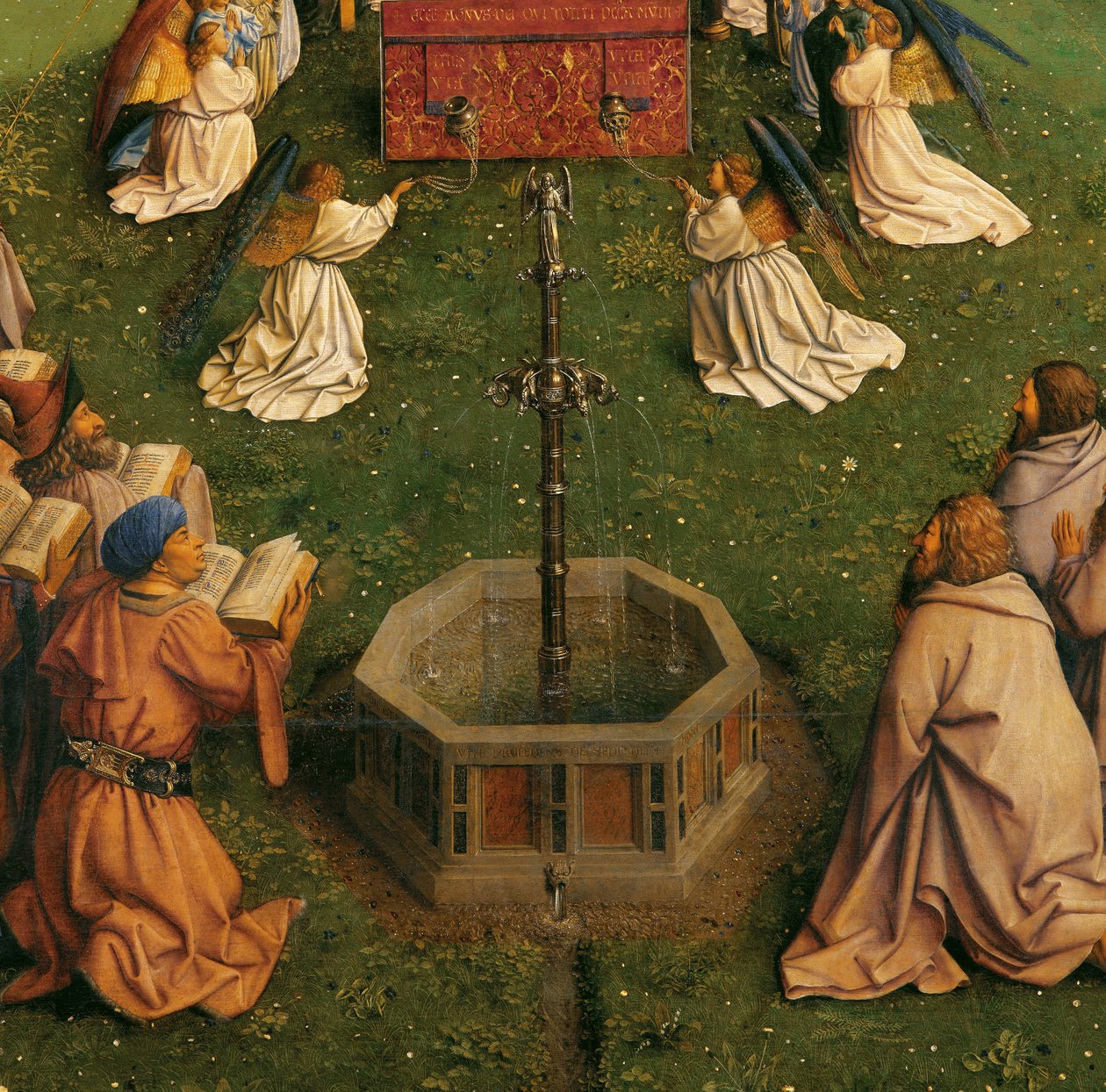 Tillbedjan av det mystiska lammet, från Gents altartavla, detalj på nedre halvan av centralpanelen av Hubert & Jan van (1390 1441) Eyck