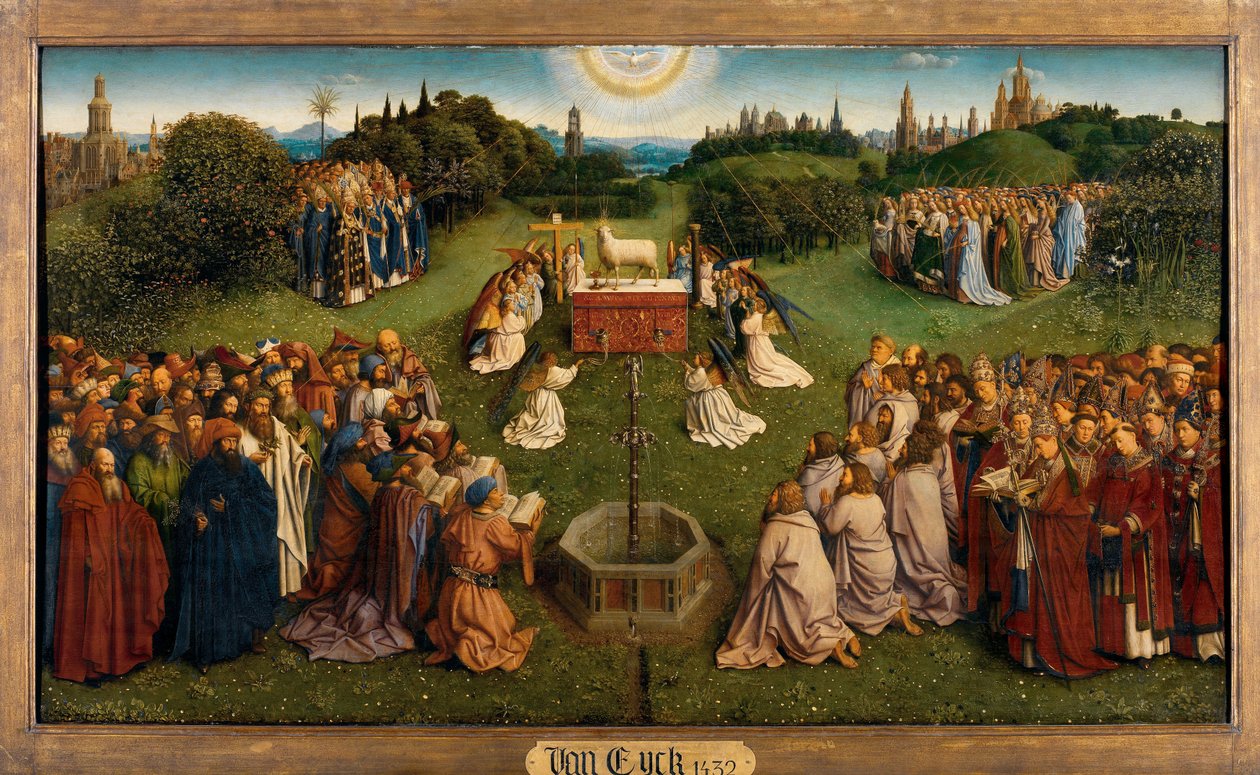 Tillbedjan av det mystiska lammet, från Gents altartavla, nedre halvan av centralpanelen av Hubert & Jan van (1390 1441) Eyck