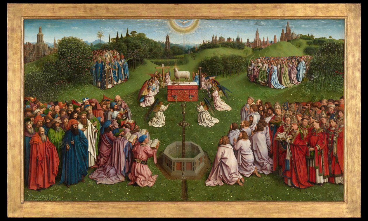 Tillbedjan av det mystiska lammet, från Gents altartavla, nedre halvan av centralpanelen av Hubert & Jan van (1390 1441) Eyck