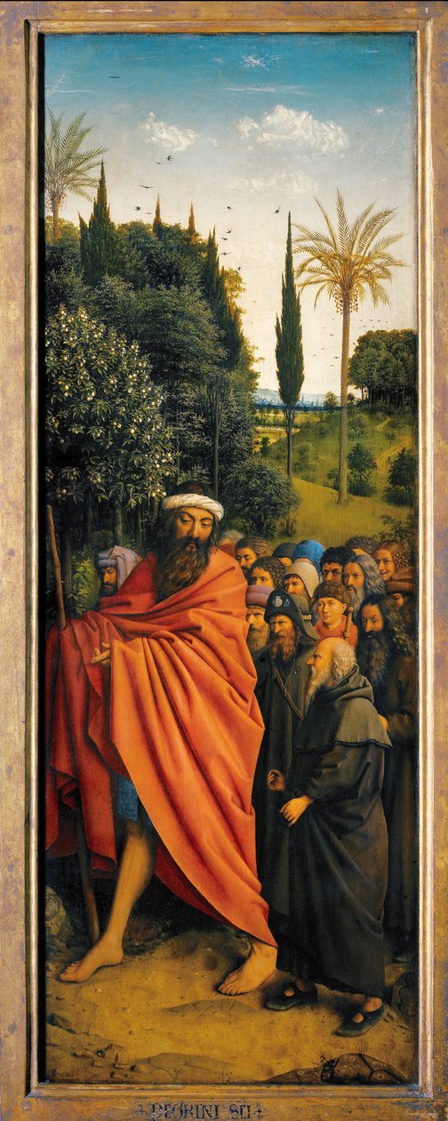 Pilgrimerna guidad av St. Christopher, från högra sidan av Gents altartavla av Hubert & Jan van (1390 1441) Eyck